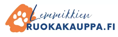 Lemmikkien ruokakauppa -logo heidän verkkokauppaansa, eläimen tassu ja nimi 
