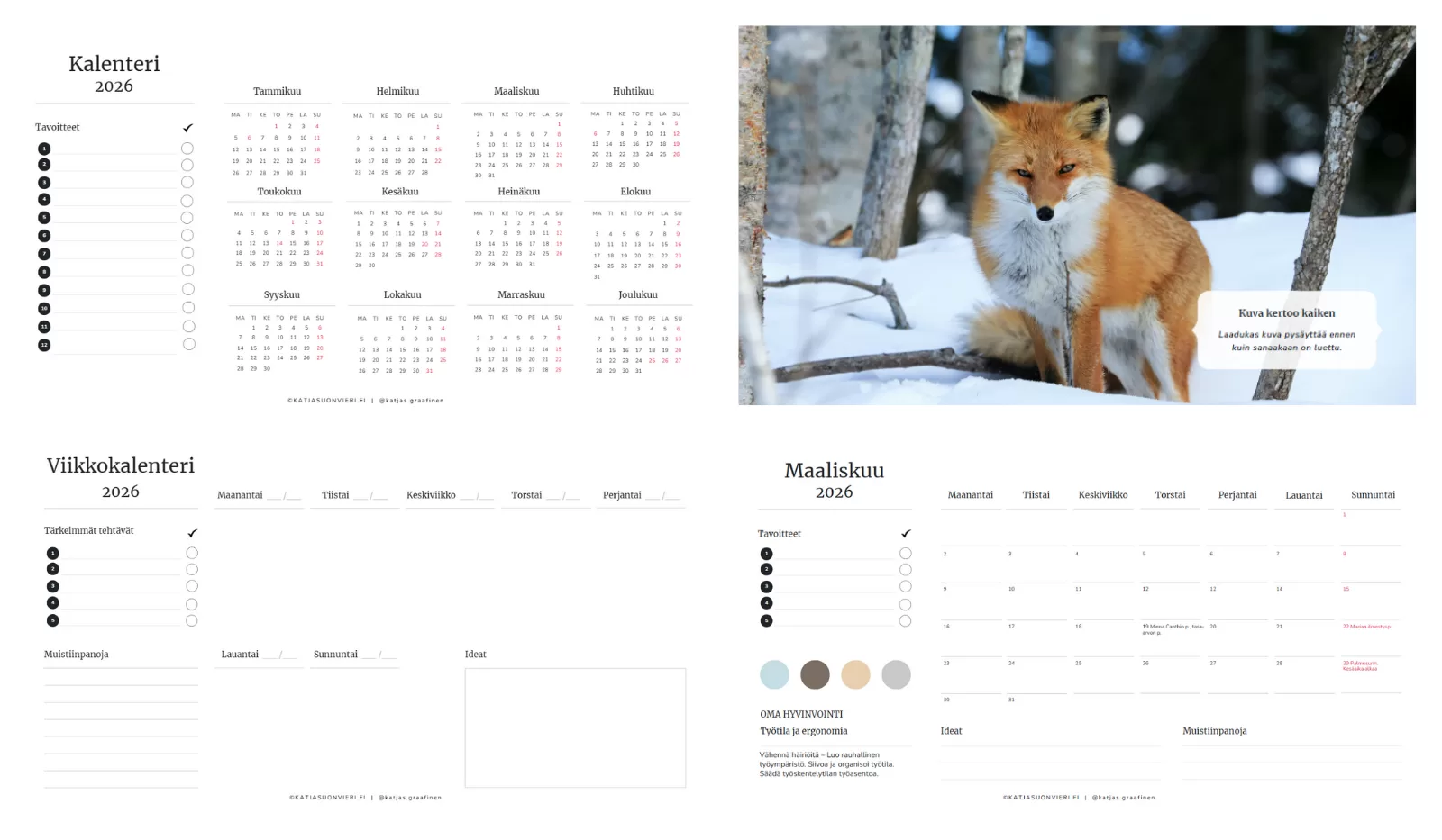 Kuvakalenteri + vinkit 2026 Kuvakalenteri 2026 ja mainosvinkit/kk. Sisältää myös viikkokalenterin.